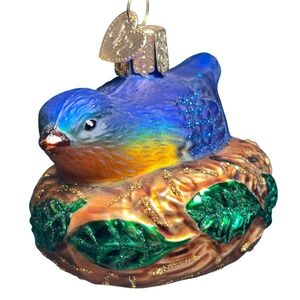 Old World Christmas Ornament Blue Bird in‎ Nest Glass Glitter Blue Gold Green